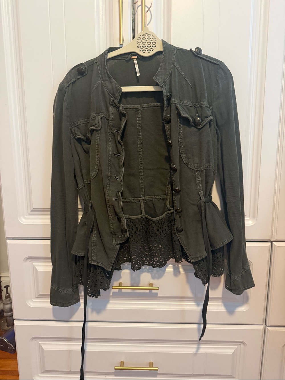 Free People Gray Military-Inspired Utility Jacket with Lace Hem